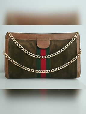 Authentic GUCCI GG Web Stripe Vintage Suede Camel Tan Clutch Crossbody WOC Bag